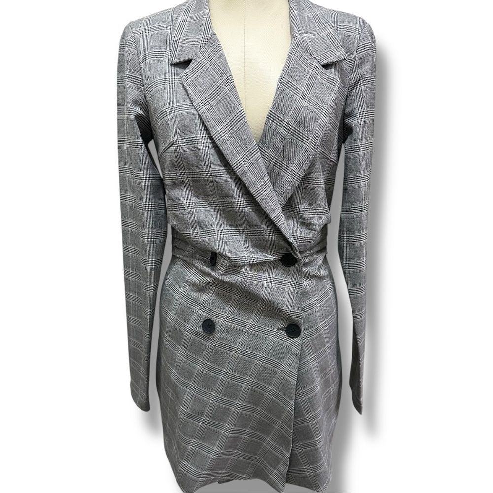 113 ZARA |Turkey EUC Plaid Light Gray Mini Blazer Dress (size XS) Elegant Trendy - Picture 3 of 14